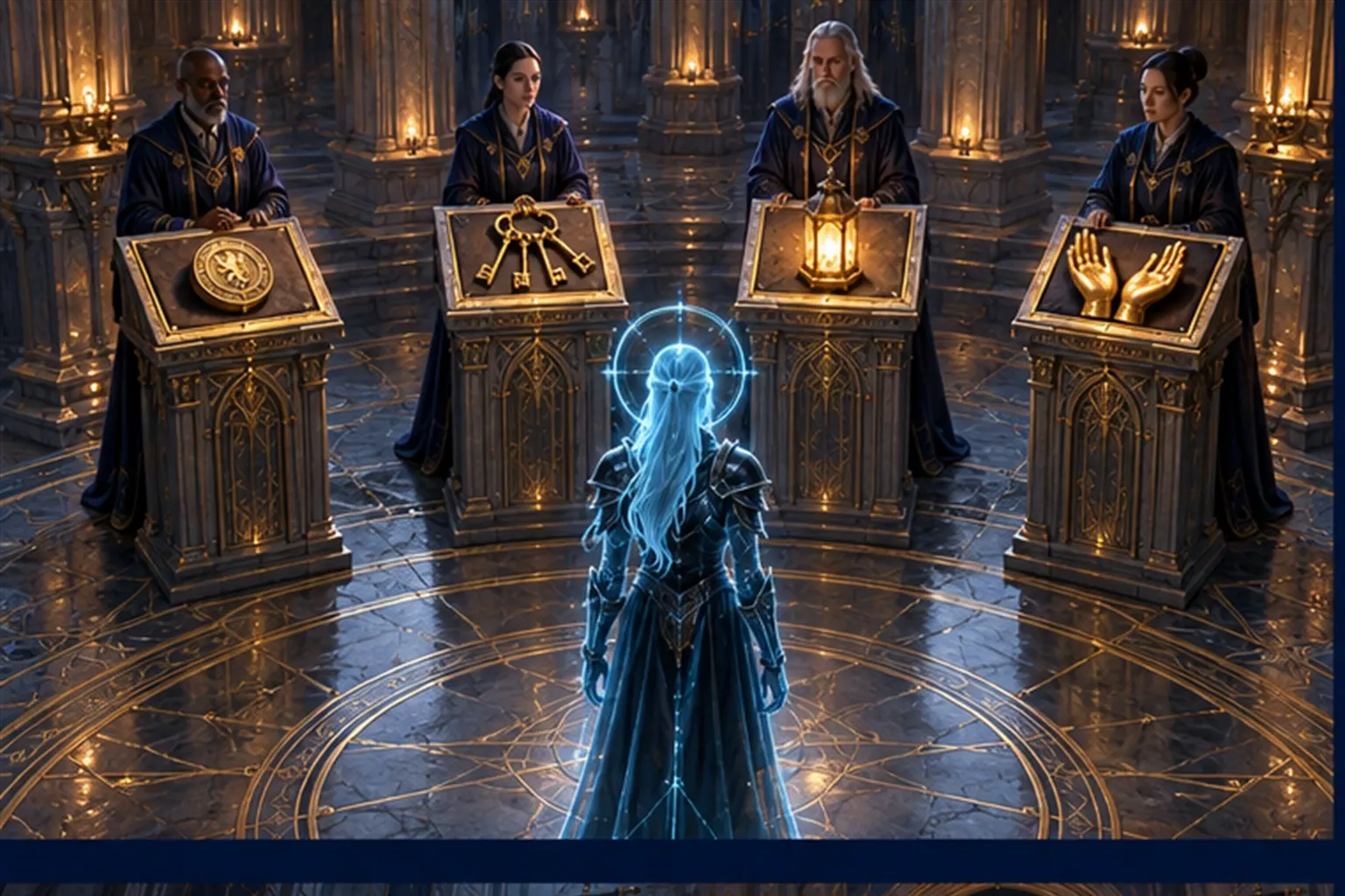 A translucent cyan armoured figure faces four stone lecterns, each holding a glowing object, with a robed wizard beside each.