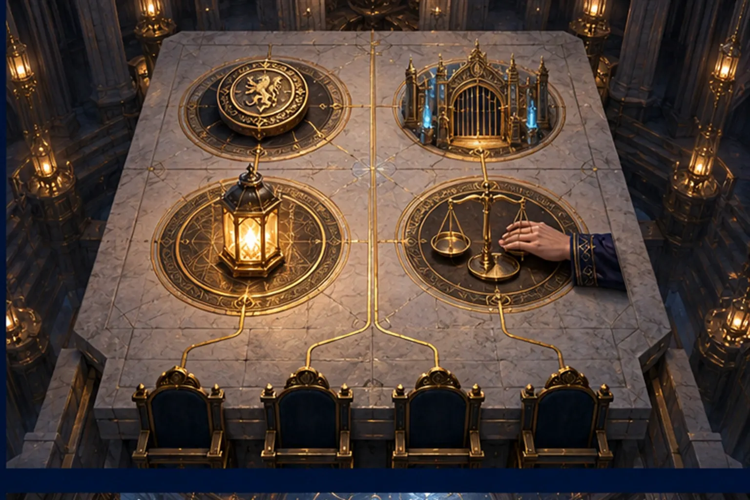 An isometric stone slab holding four brass instruments, a seal, a gate, a lantern and a balance, linked by gold lines to four seats.