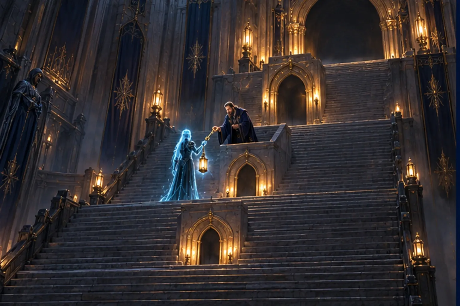 A four-landing stone staircase in a hall, a cyan agent figure on the second landing receiving a gold key from a robed wizard above.