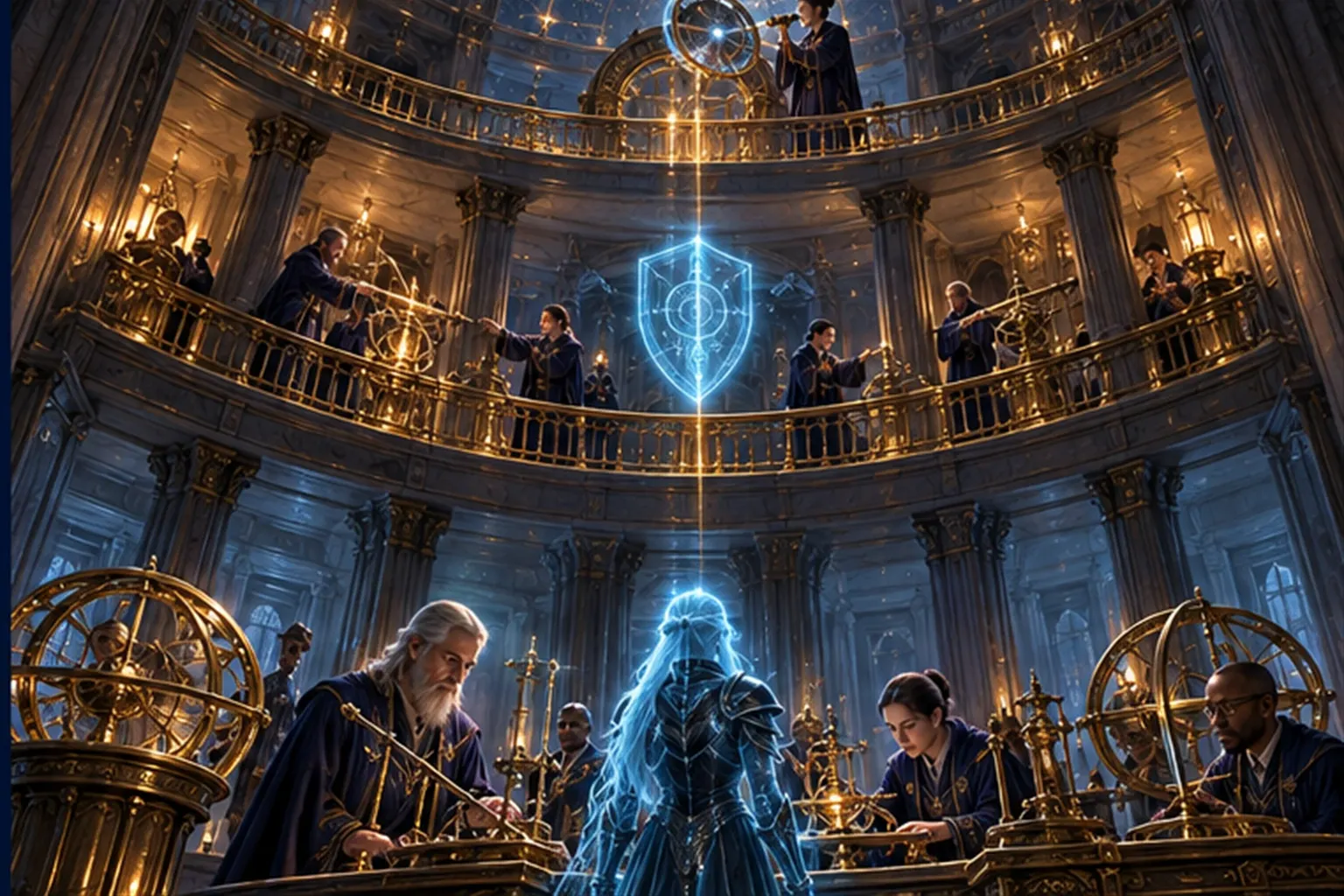 Three stacked galleries seen from below: wizards and a cyan agent, a shield sigil, and a lone wizard with a lens at the top.