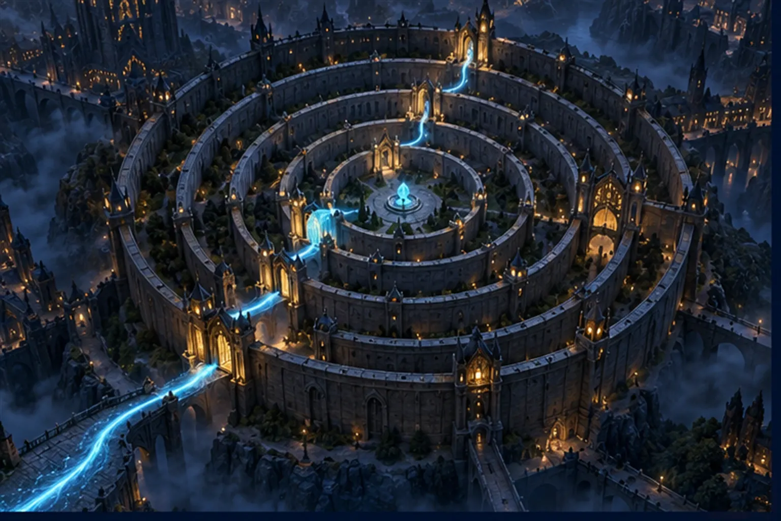 Five concentric stone walls with offset gates seen from above, a cyan light thread stopped at successive gates before a central seed.