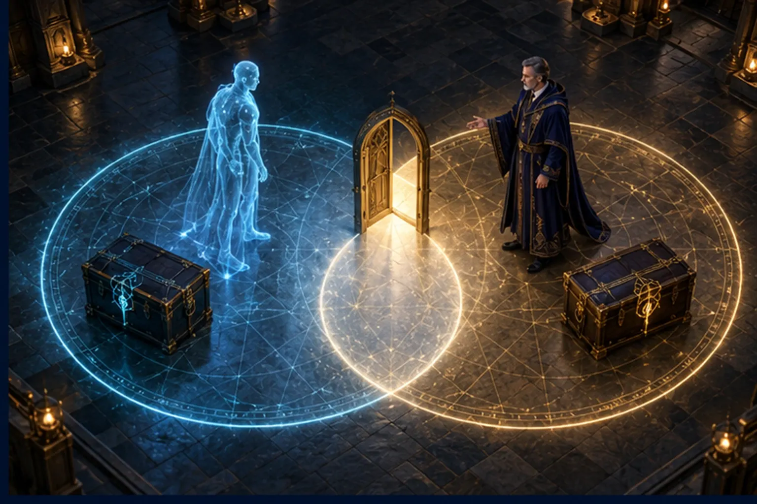 A cyan agent and a robed wizard each stand in a circle of light, the circles overlapping around one open door, locked chests outside it.