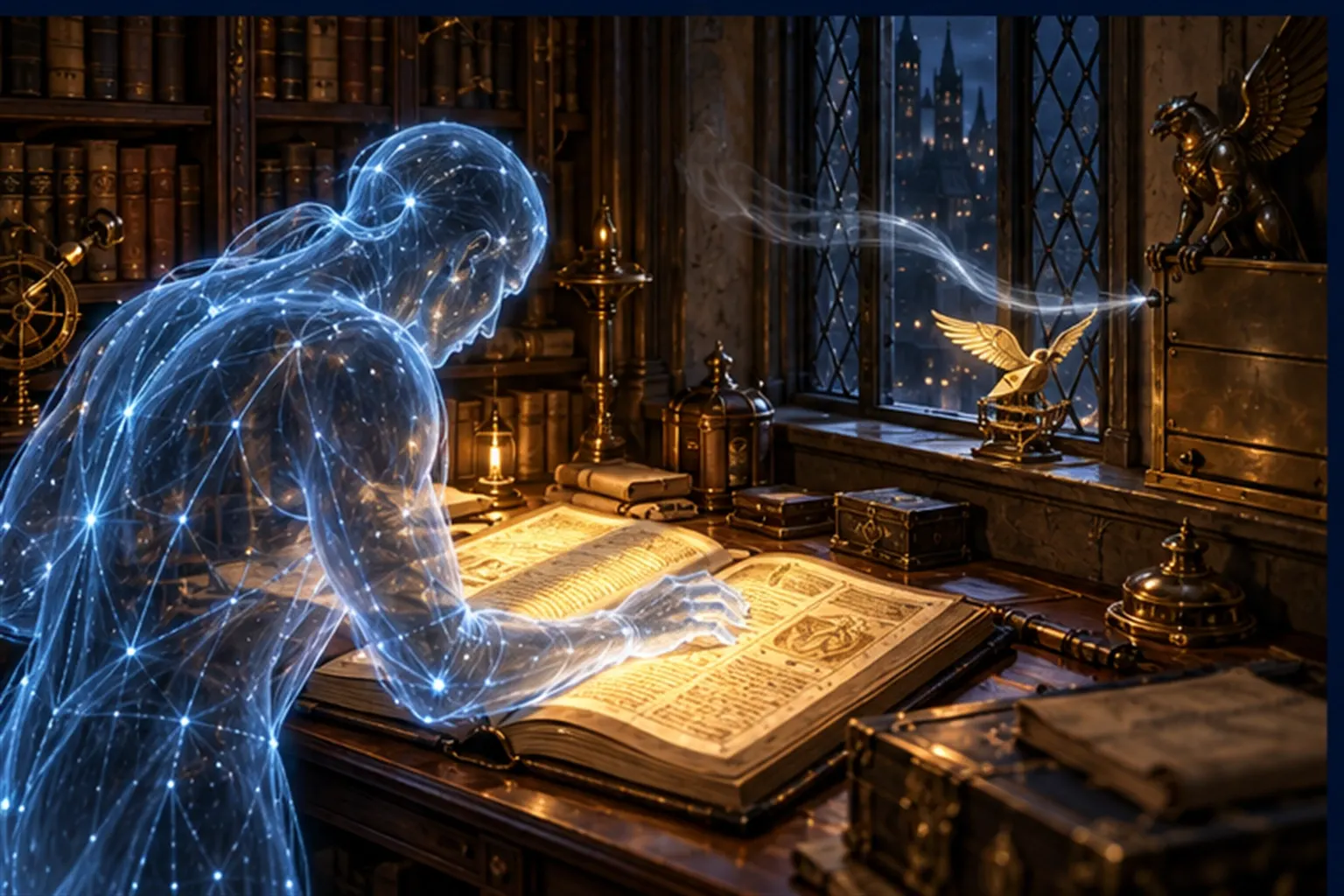 A cyan agent reads gold records as grey light seeps through a cracked window and a shield sigil lowers a shutter over a messenger.