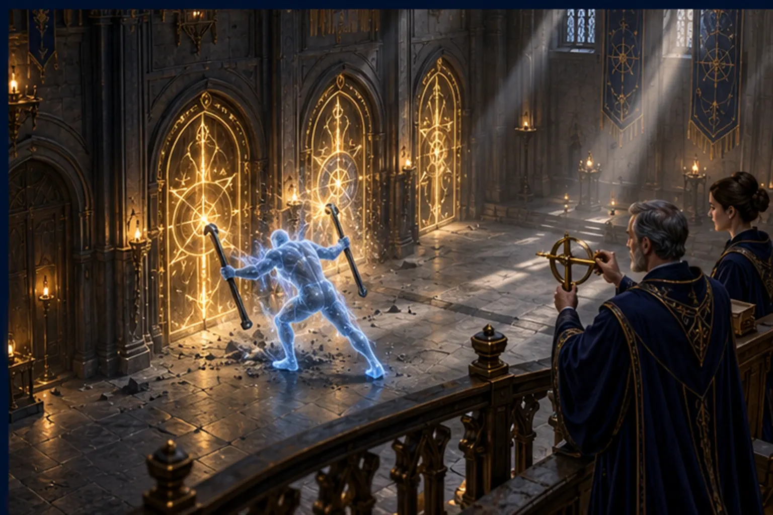 A rough cyan figure pushes against three glowing warded doors that hold, as two wizards watch from a gallery with a brass instrument.