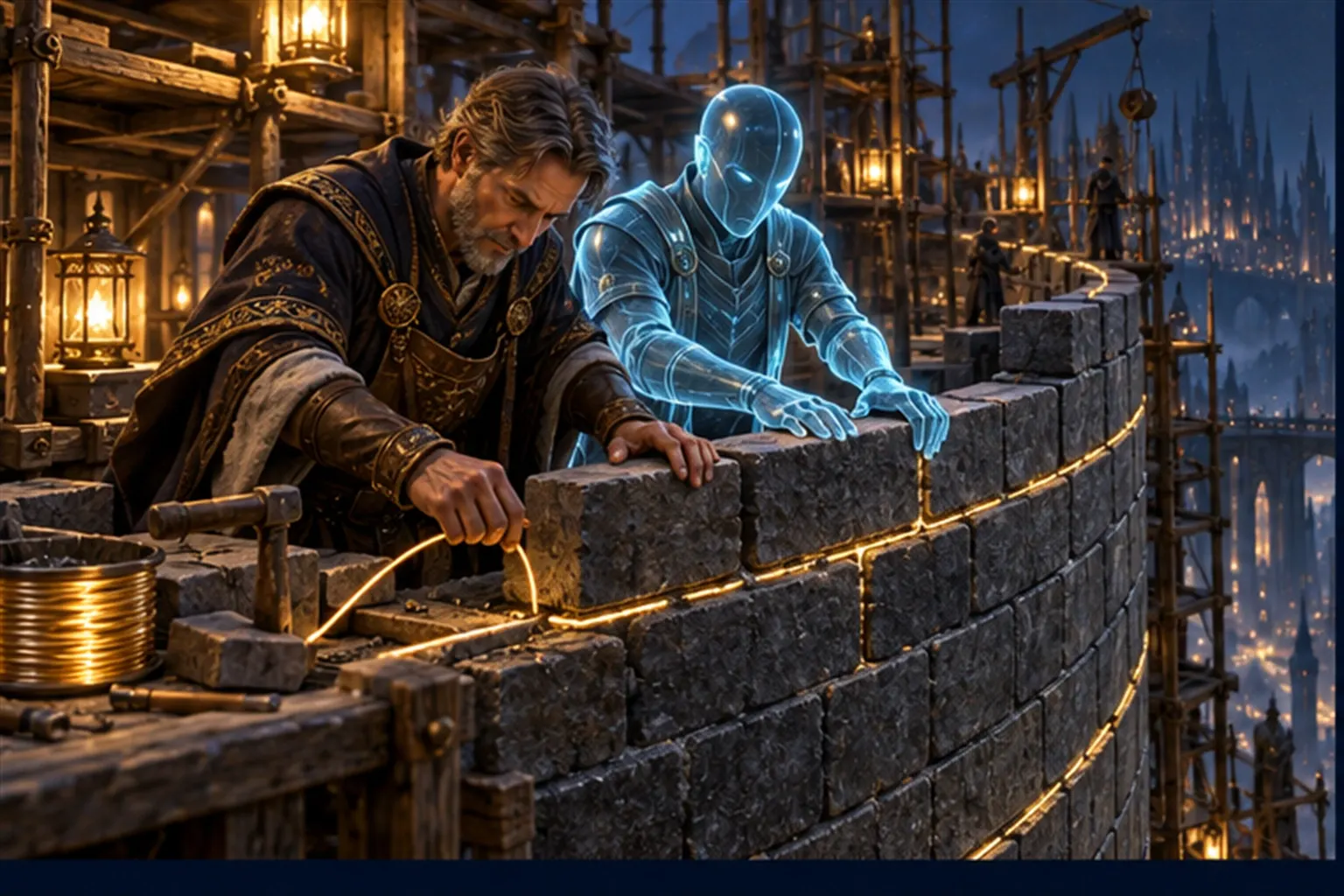 A wizard and a cyan agent build a curved stone wall, laying a glowing gold thread into the mortar of every course.