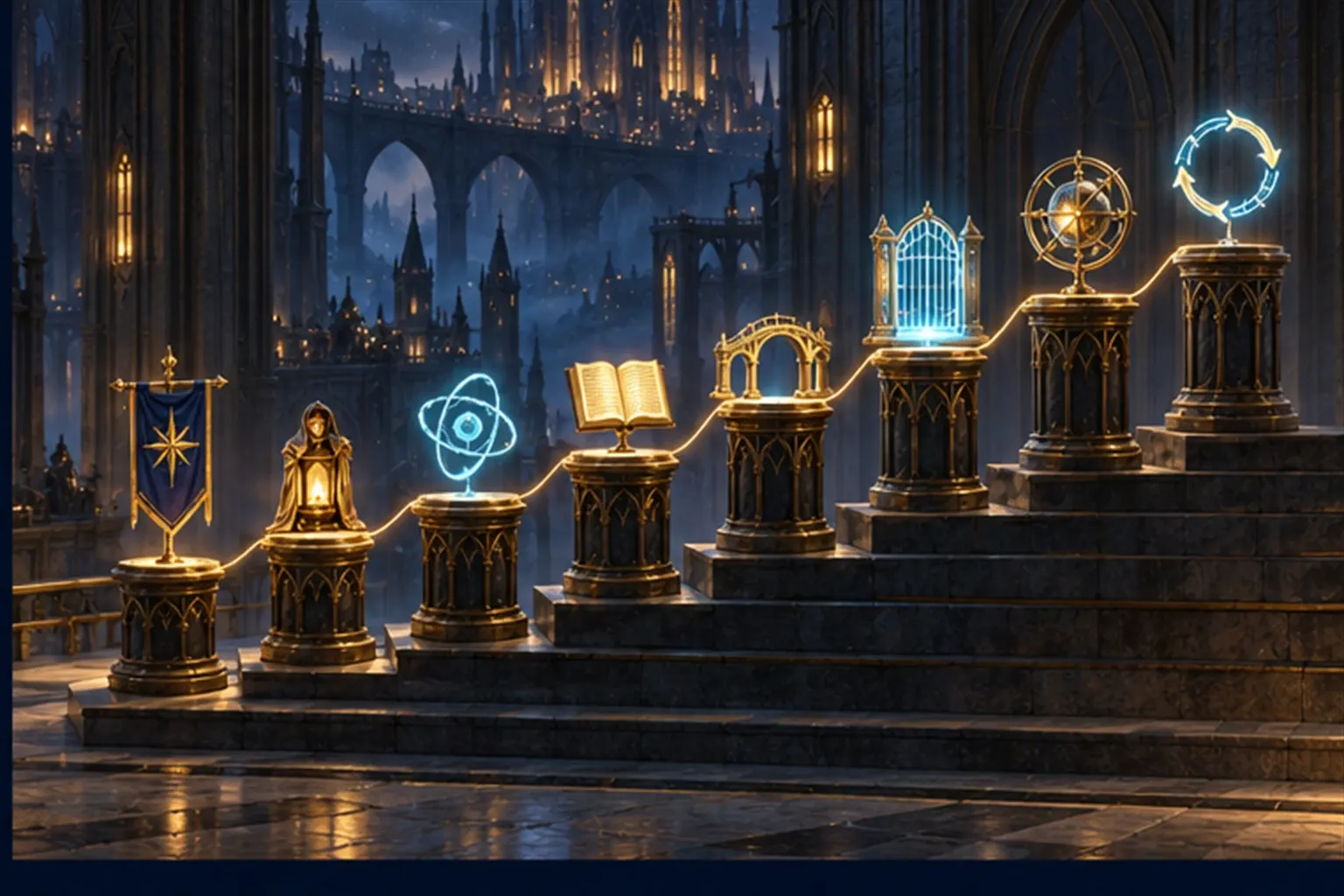 Eight pedestals on a rising plinth, each with a small glowing emblem, joined by one thin gold line.