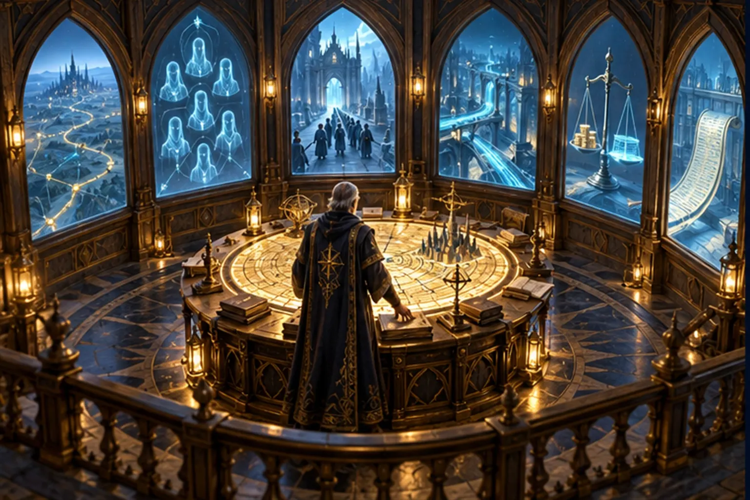 A six-sided chamber with six arched windows, each showing a different glowing scene, and a robed wizard at a central table.