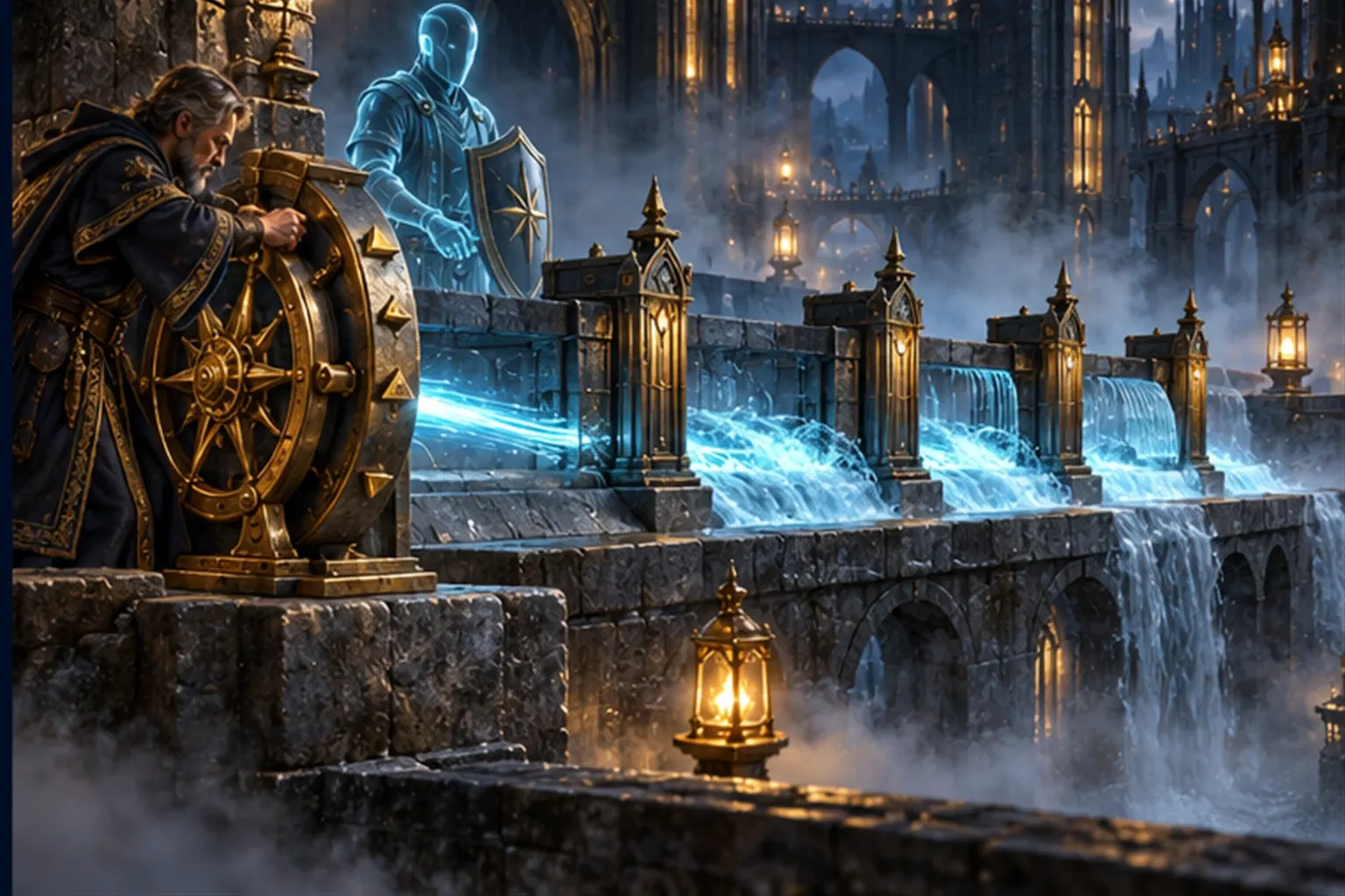 A wizard turns a brass sluice wheel to control cyan light flowing through four gates of widening size, watched by a cyan shield guardian.