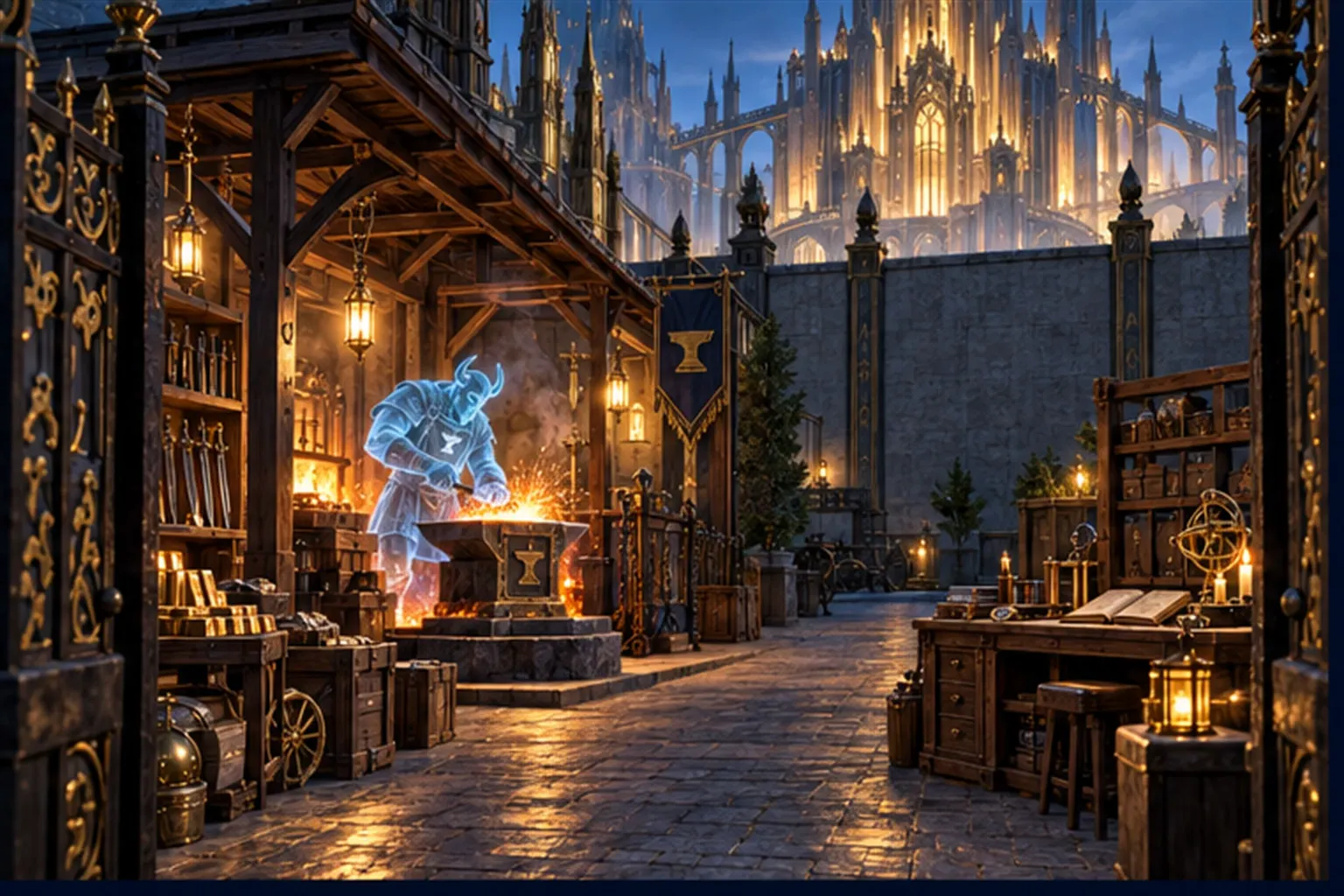 A walled forge courtyard where a cyan horned-helm agent works, with a tall doorless wall dividing it from a glowing hall.