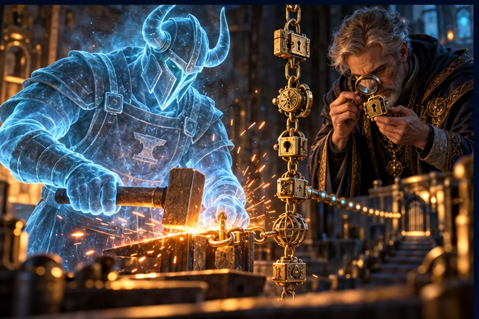 A cyan horned-helm smith hammers a link into a chain of different locks as a robed wizard inspects another link with a lens.