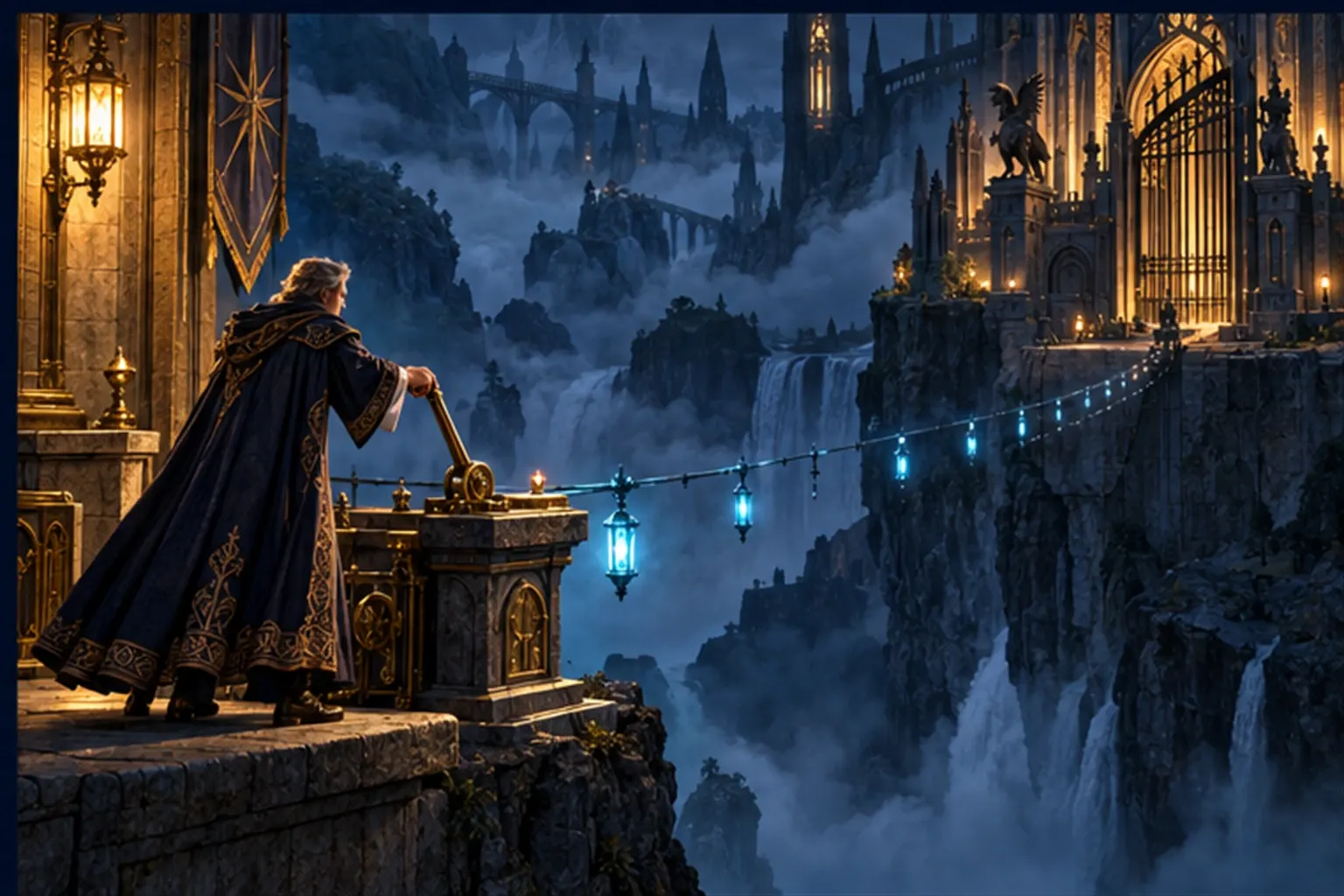 A wizard pulls a brass lever as a cyan light bridge retracts, its hanging lanterns going dark, and a far gate swings closed.