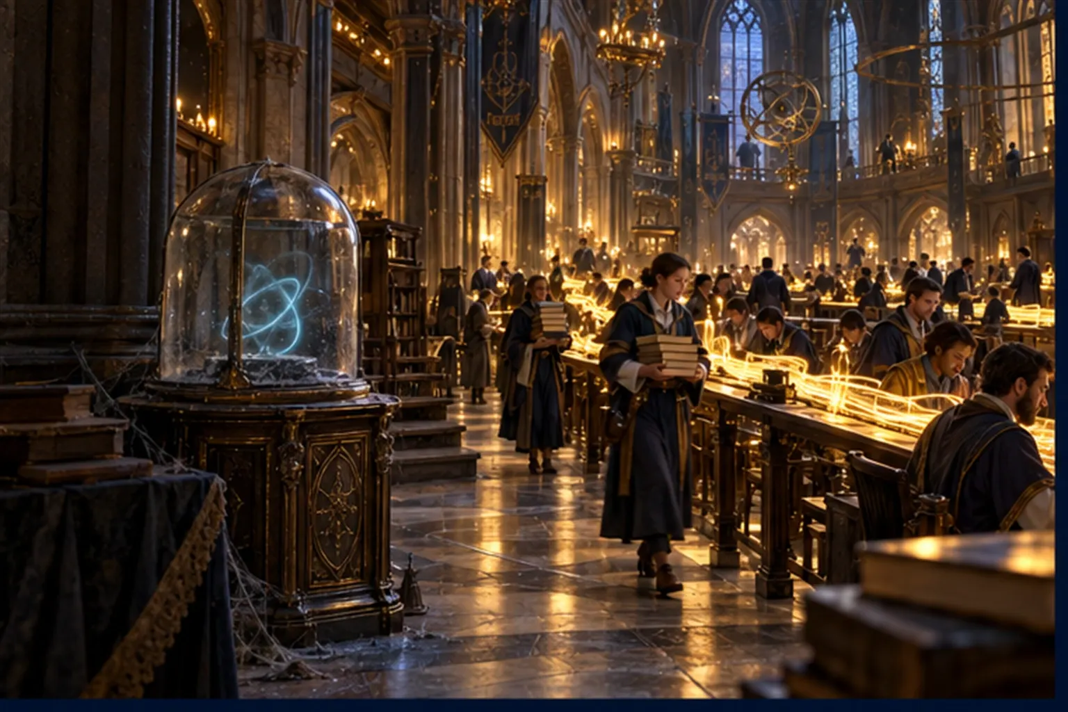A dusty glass dome in a corner holds a dim cyan sigil while busy wizards carry glowing ledgers along a long table.