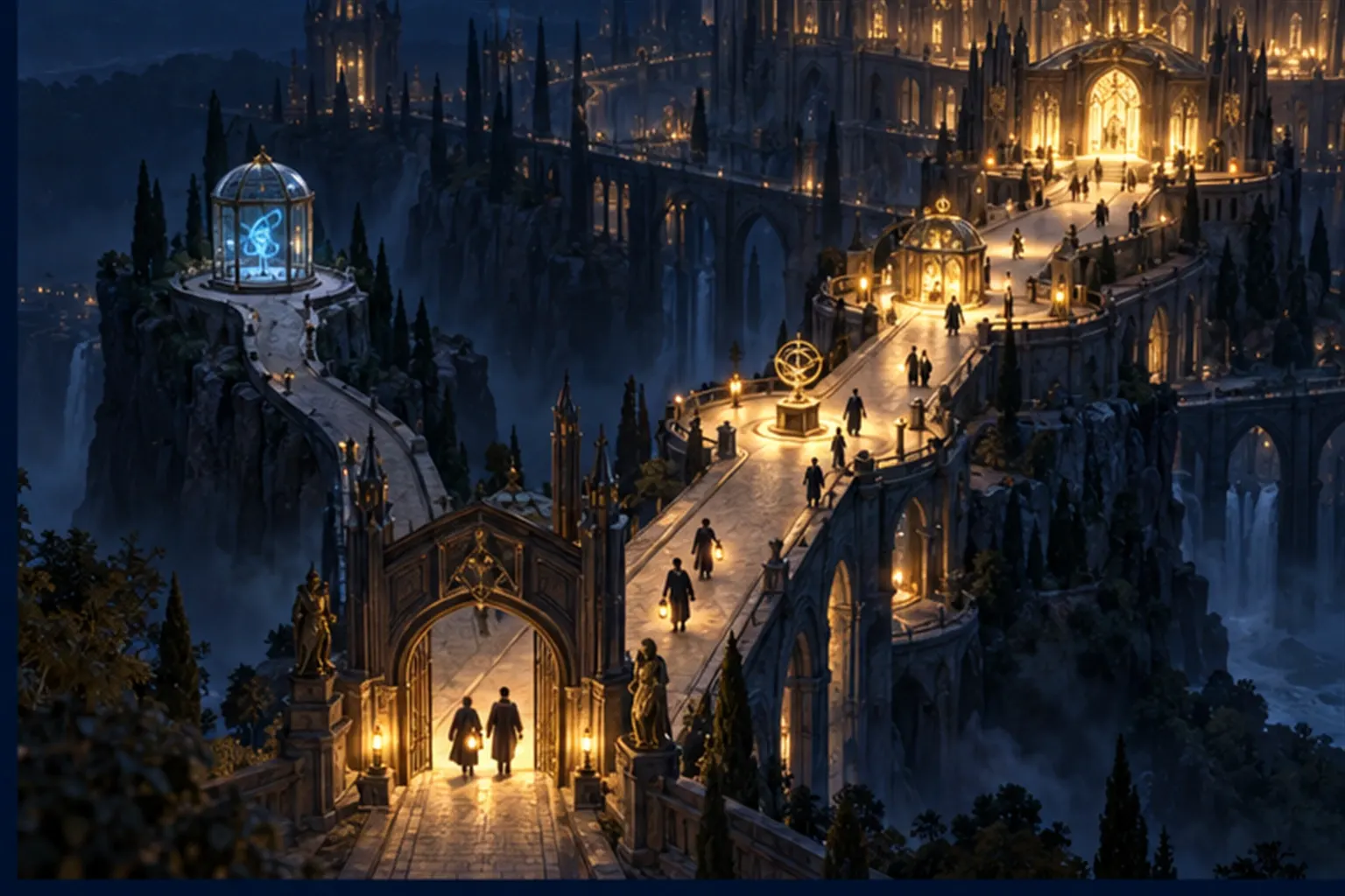 Two roads from one gate: one ends at a small glass pavilion, the other widens through a plaza and halls with wizards walking it.