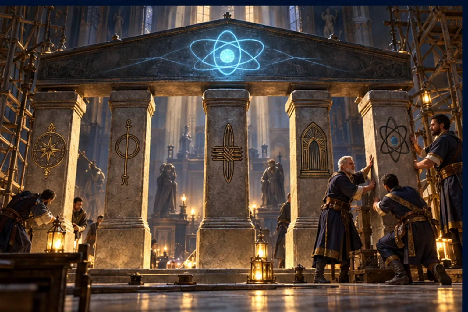 Wizards place the fifth pillar under a level stone lintel bearing a cyan agent sigil, the other four pillars carved with different emblems.