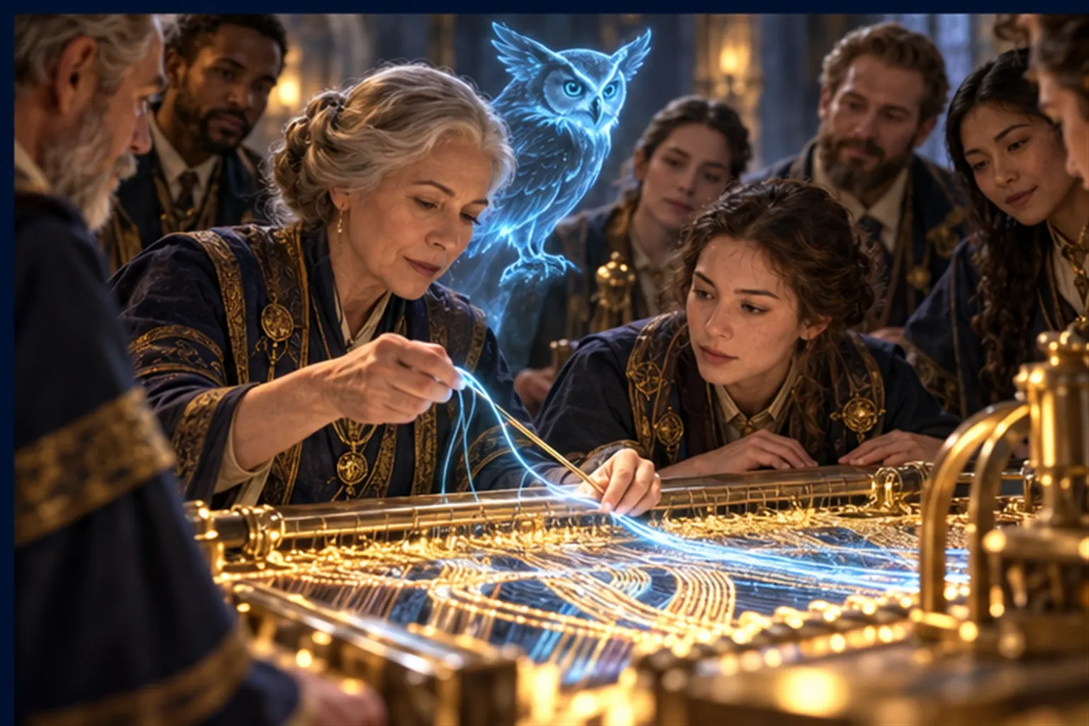 Two wizards at a loom-table redirect a cyan thread with a gold needle while an owl sigil hovers and others watch.