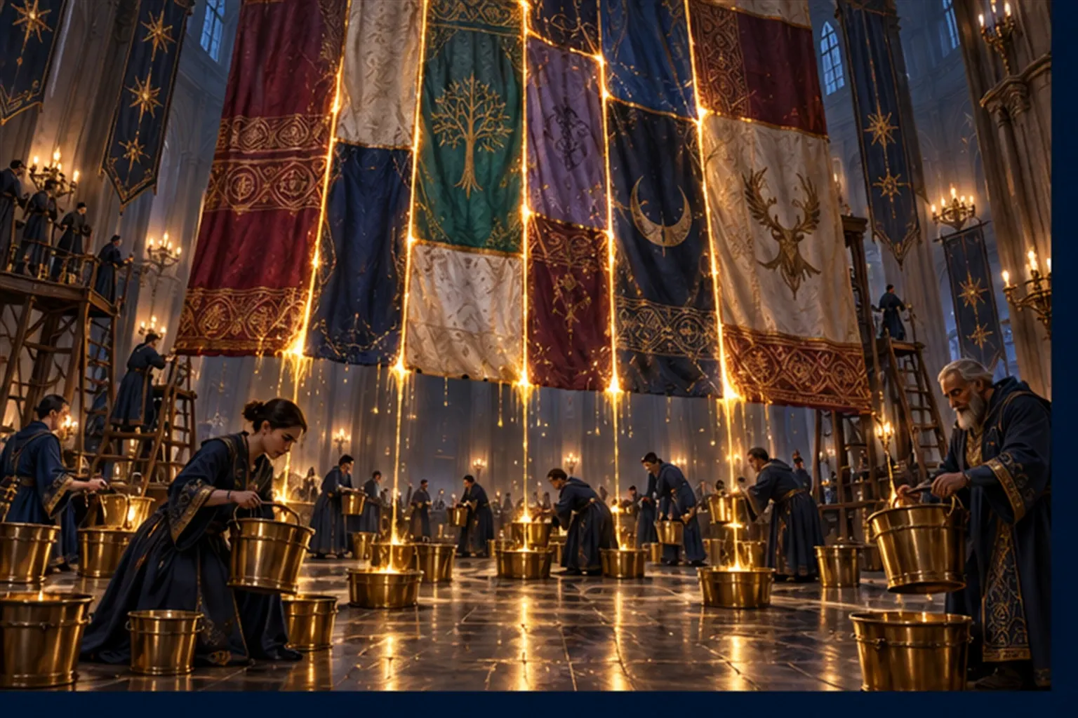 A patchwork banner in a stone hall dripping gold light at every seam into brass buckets that tired wizards swap out.