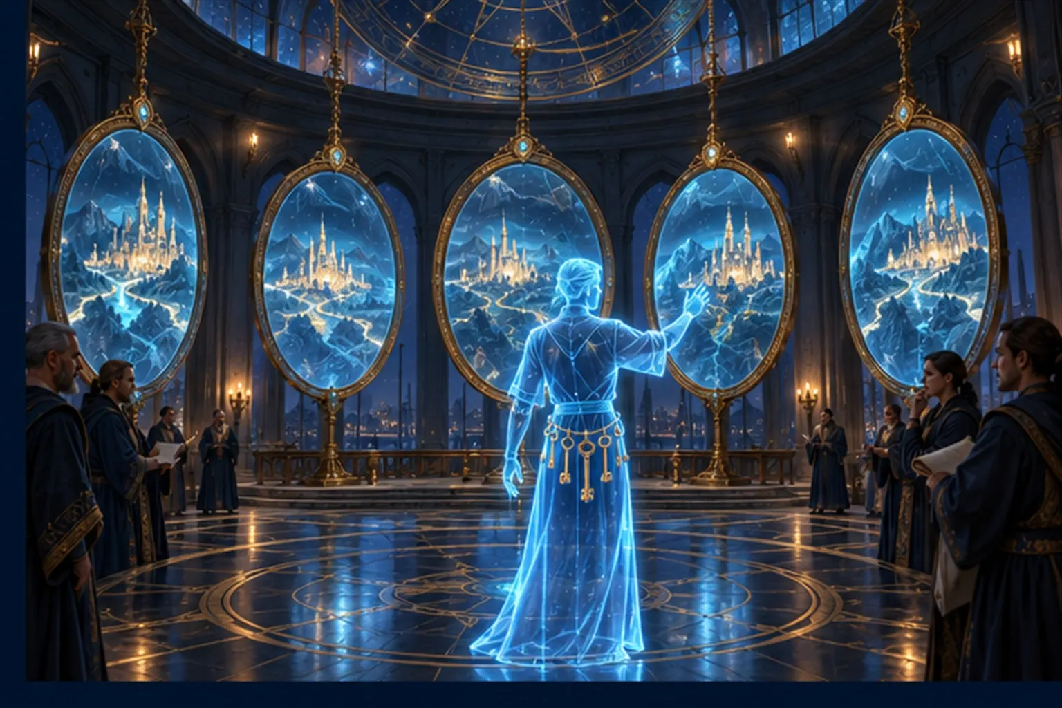 A cyan agent in a round hall reaches for one of five mirrors showing slightly different maps, five keys at its belt, wizards watching.