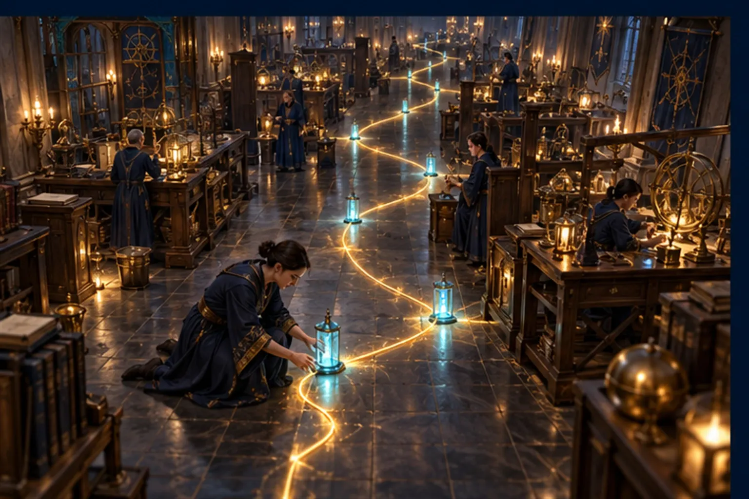A wizard follows a gold thread along a workshop floor, placing cyan marker lanterns at each hand-spliced cut.