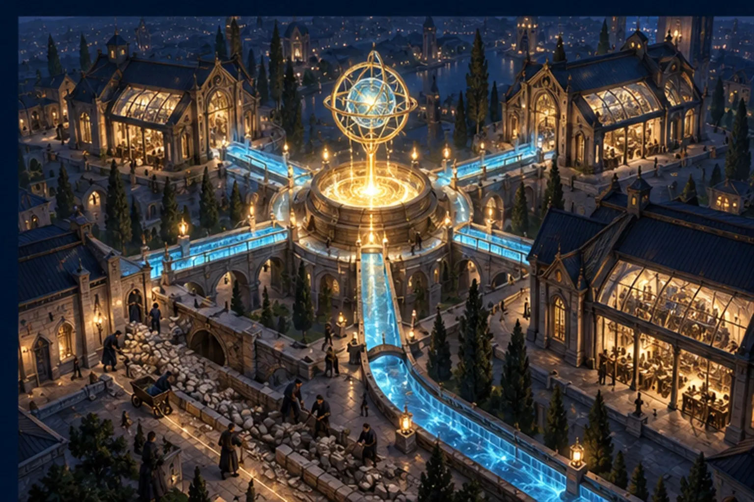 A square with a central well of gold light, straight canals to five workshops, and wizards filling in an old side-channel.
