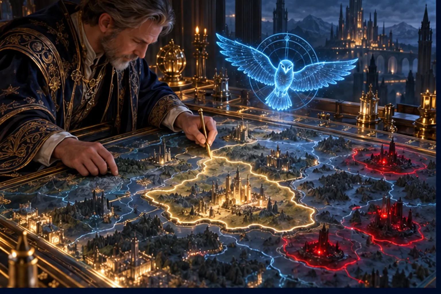 A wizard draws a gold boundary around a small region of a glowing map beneath a cyan owl sigil, with red-lit spots outside it.