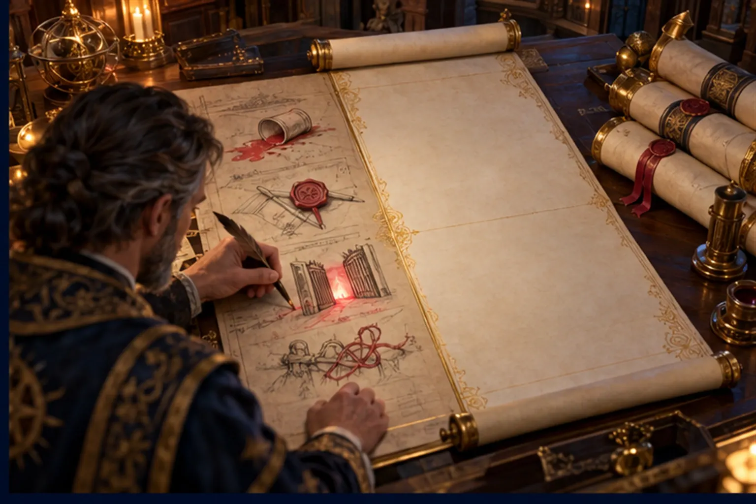 A wizard sketches small red-lit pitfalls on the dark half of a long scroll at a desk, the bright half still blank.