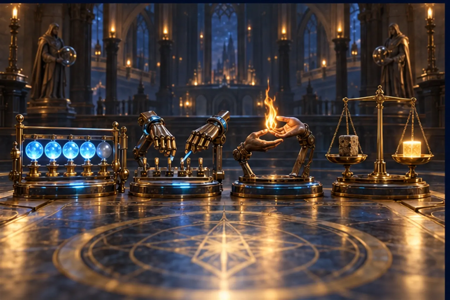 Four brass instruments in a row: a line of glowing orbs, mechanical hands on levers, a flame passed between hands, and a balance.