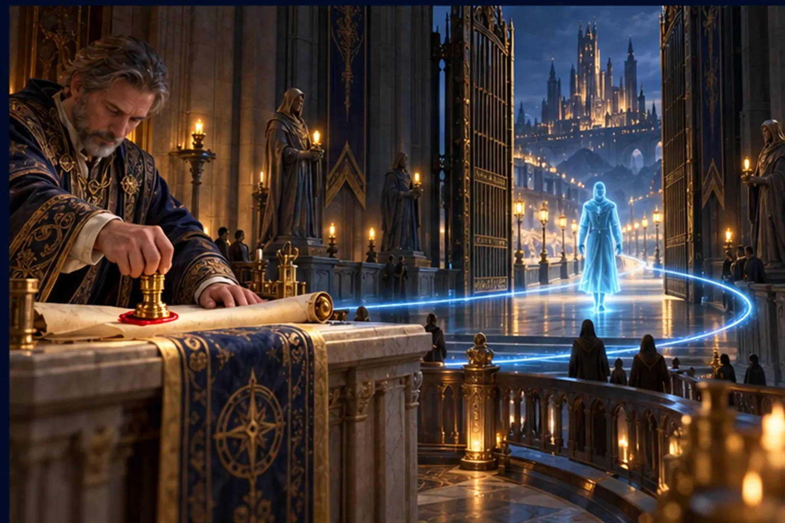 A wizard presses a gold signet into wax as a cyan agent steps through a half-open gate, a loop of cyan light returning to the hall.