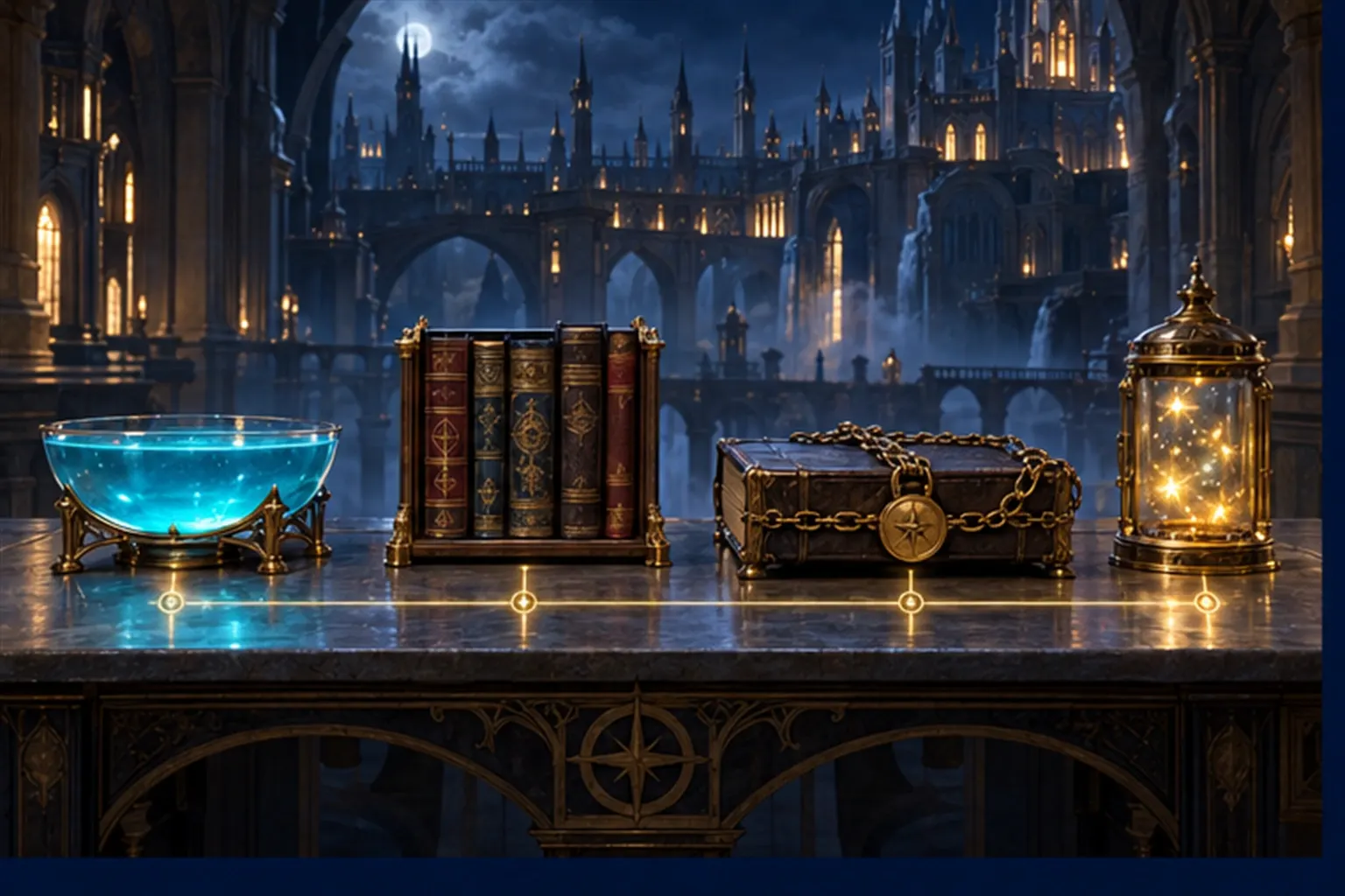 Four vessels on a stone table: a brimming bowl of cyan liquid, a small bookcase, a chained ledger and a lantern jar of fireflies.