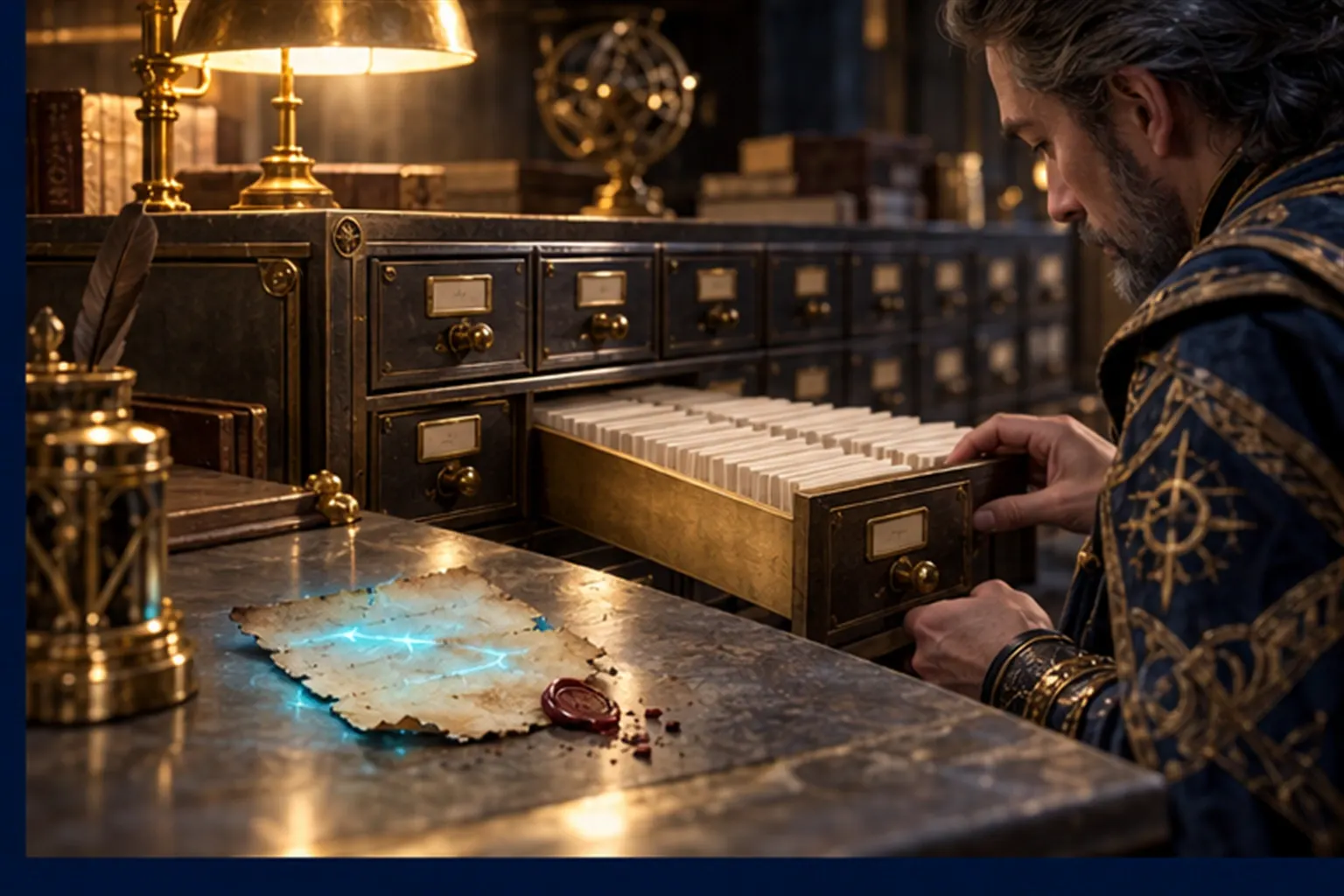 A wizard opens a drawer of crisp identical cards beside a fading, yellowing cyan note with a crumbling wax seal.