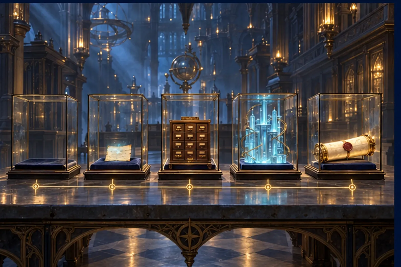 Five glass cases in a row holding progressively fuller objects, from empty to a note, card index, crystal archive and sealed scroll.