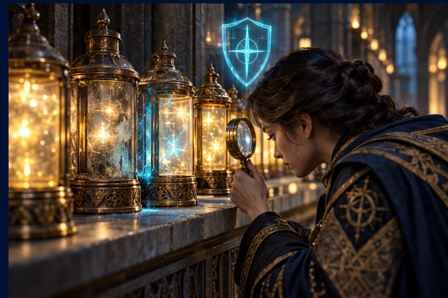 A shelf of steady lanterns, one faded and leaking cyan into its neighbour, inspected by a kneeling wizard under a shield sigil.