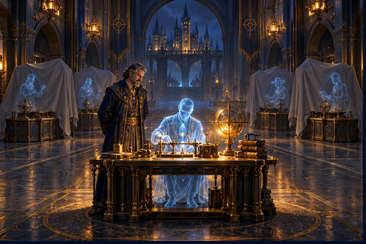 One cyan agent works calmly at a single table while a wizard looks on, four dust-sheeted stations unused down the hall.