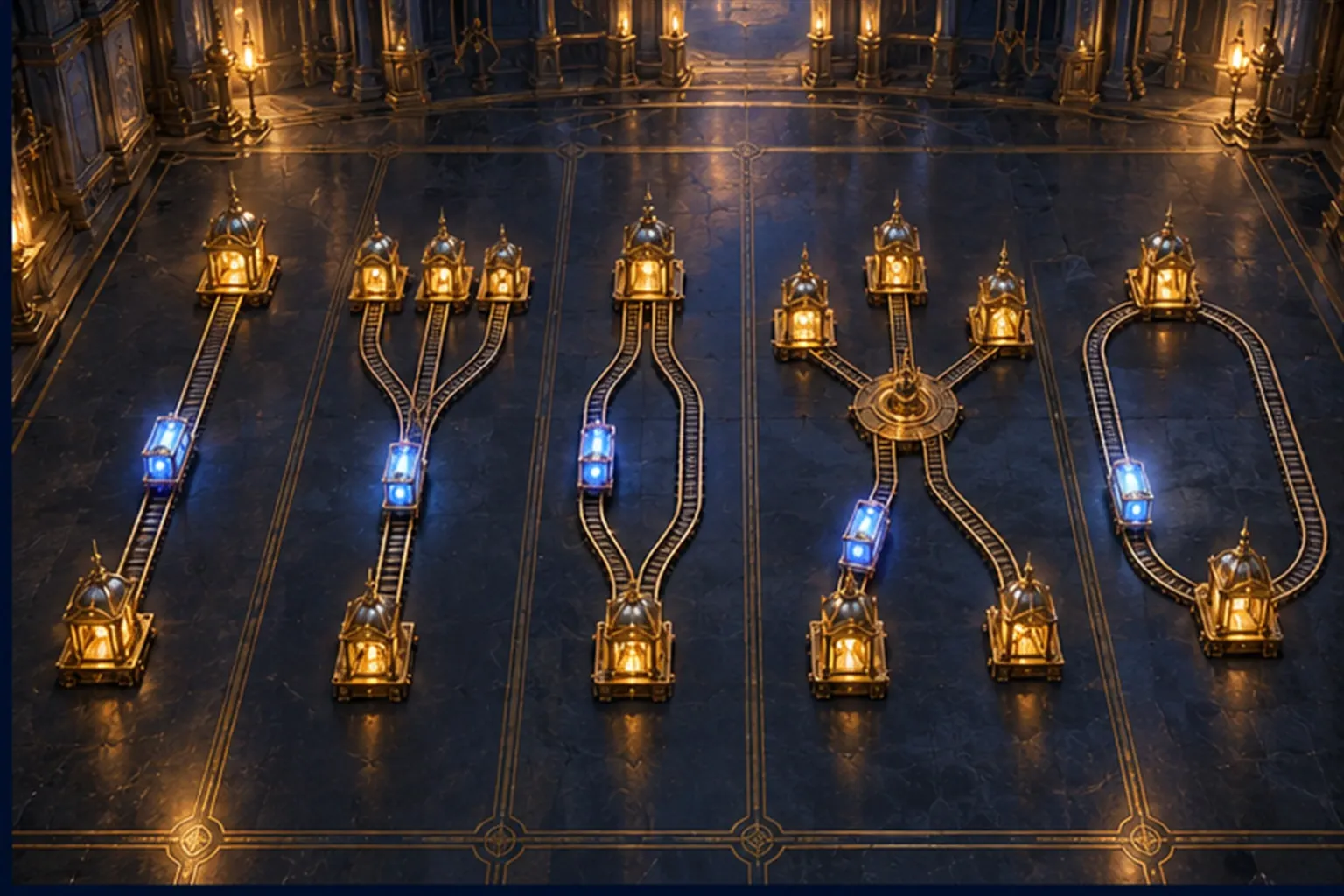 Five miniature rail layouts: a line, a branching switch, a split and rejoin, a hub with spokes, and a loop, each with a cyan lantern-cart.