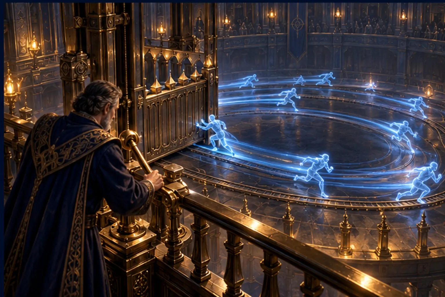 Cyan agent figures race in circles on a stone track as a brass gate drops across it, a wizard holding the lever on a balcony.