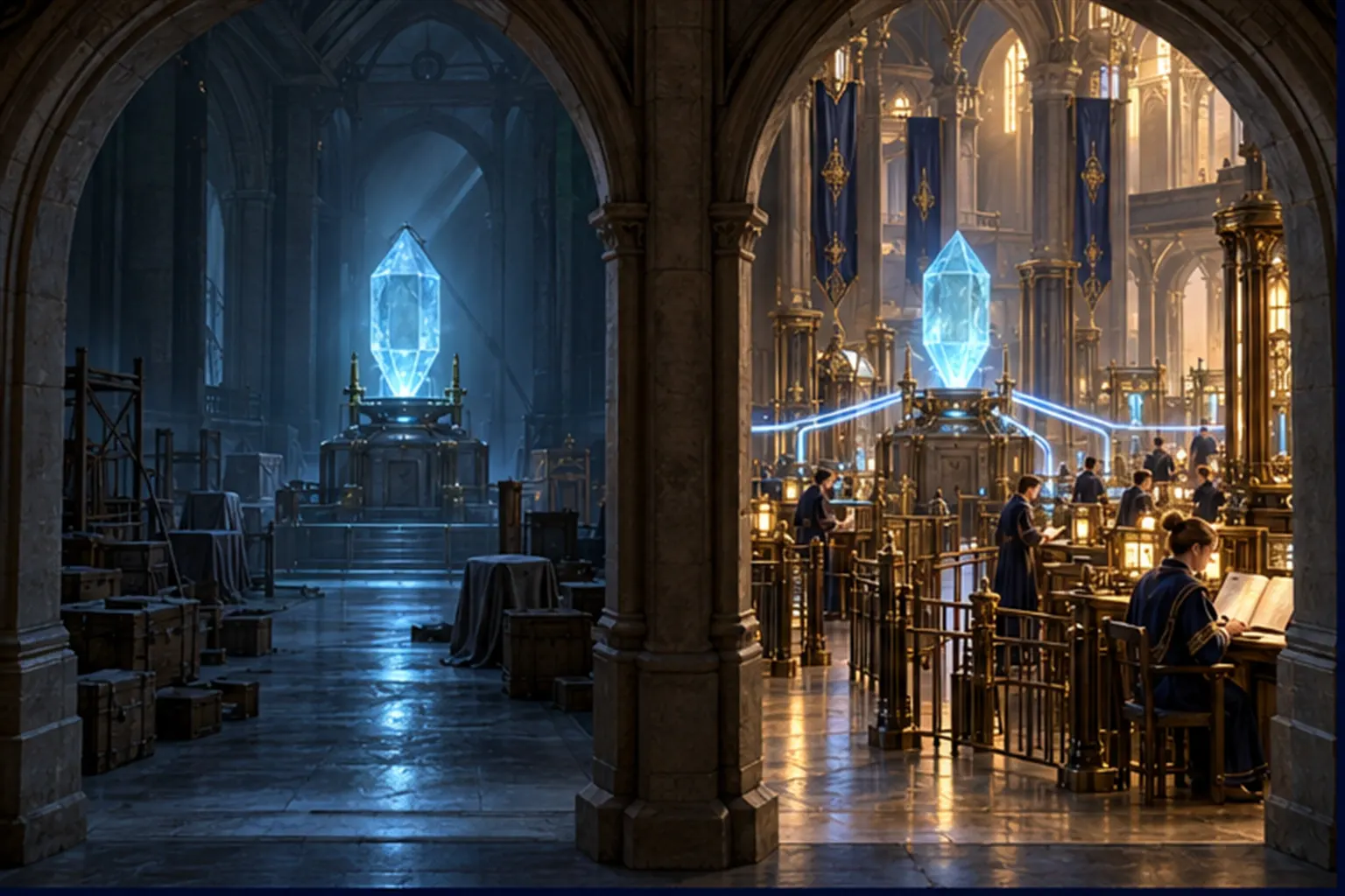 Two identical cyan crystals in adjoining halls: one bare and dim with crates, the other orderly with gates, desks and wizards.