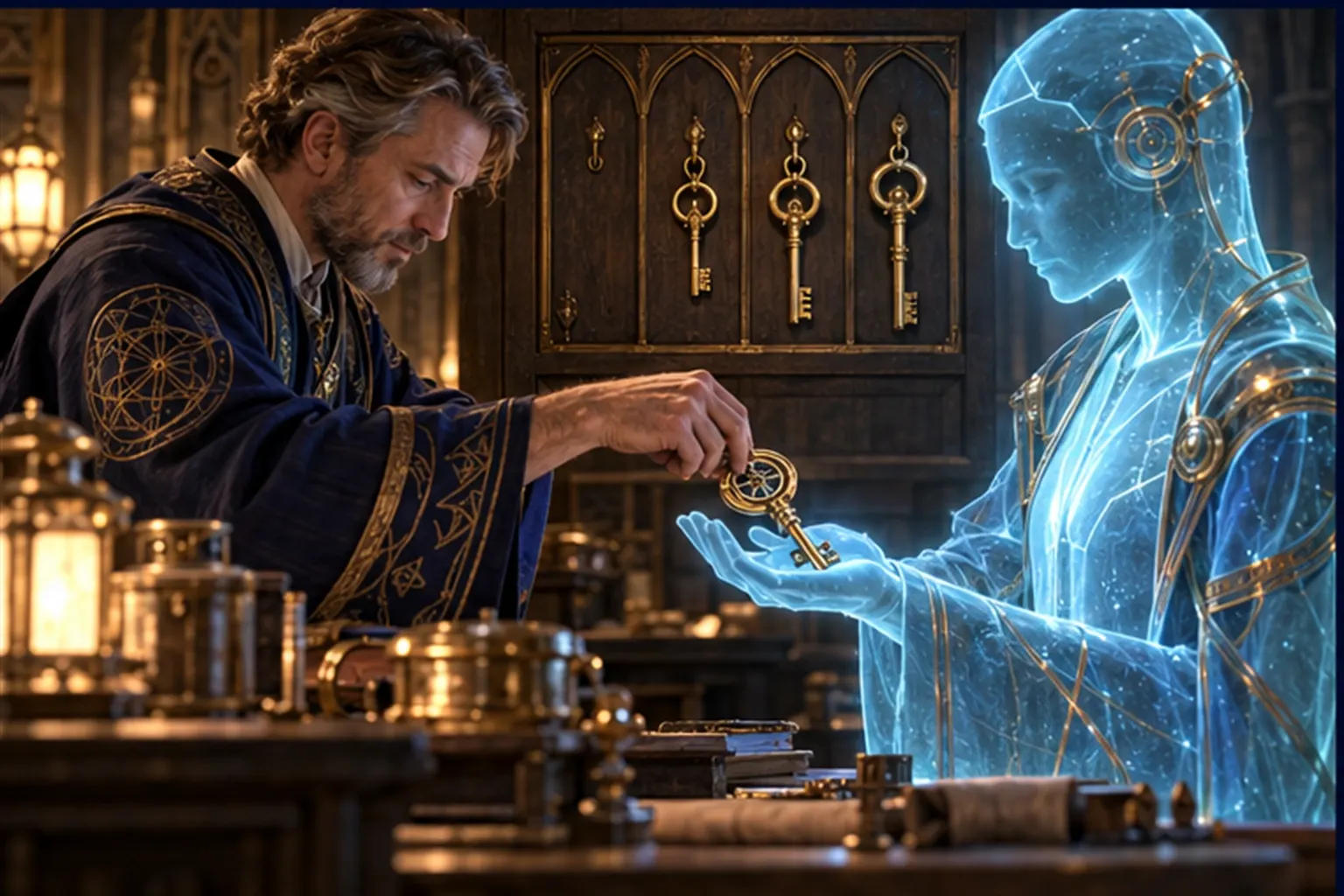 A wizard places a larger brass key into a cyan agent's palm at a workbench, with keys of increasing size hanging on the wall behind.