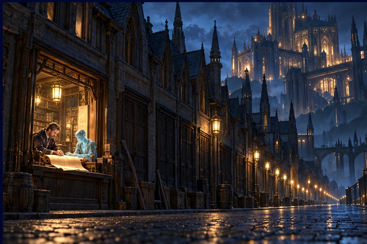 A dark street of shuttered workshops with one gold-lit window where a wizard and a cyan agent share a bench, lamps being lit beyond.