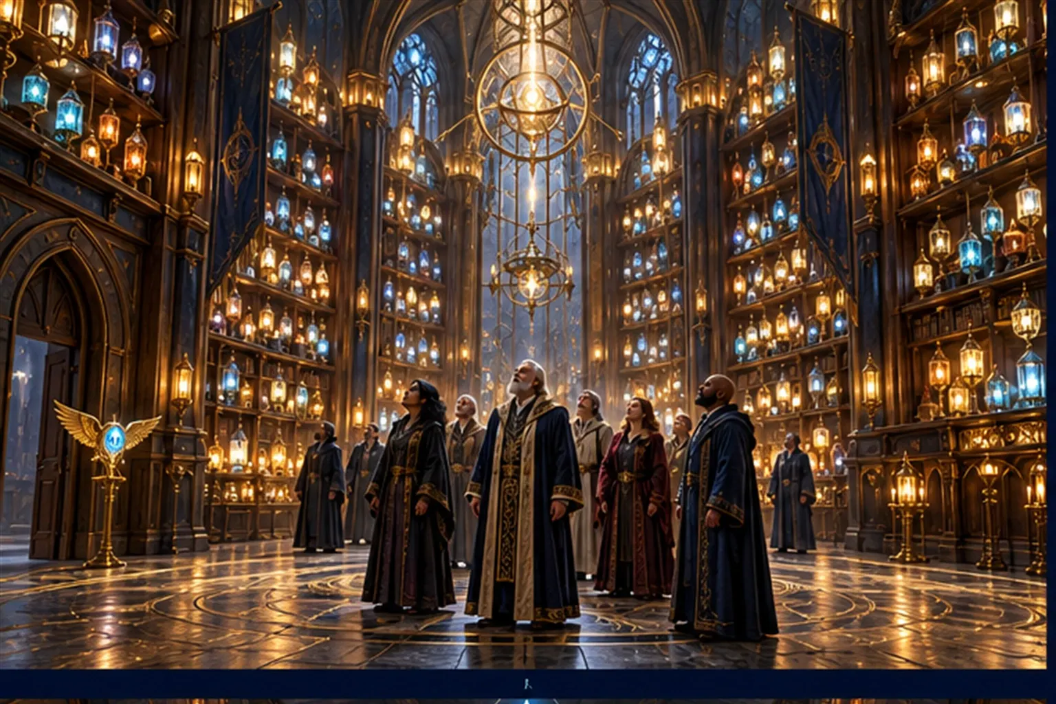 A hall lined with hundreds of lit lanterns, wizards standing still in the middle looking up, a messenger sigil idle by the door.