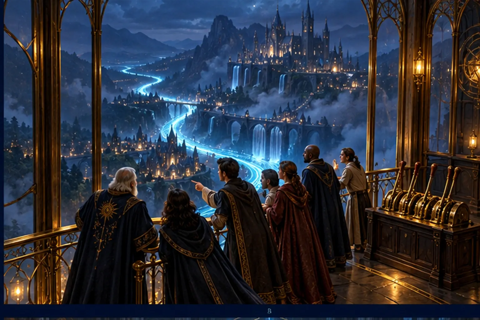 Wizards lean on a balcony rail watching a cyan river below, while a row of brass levers stands untouched behind them.