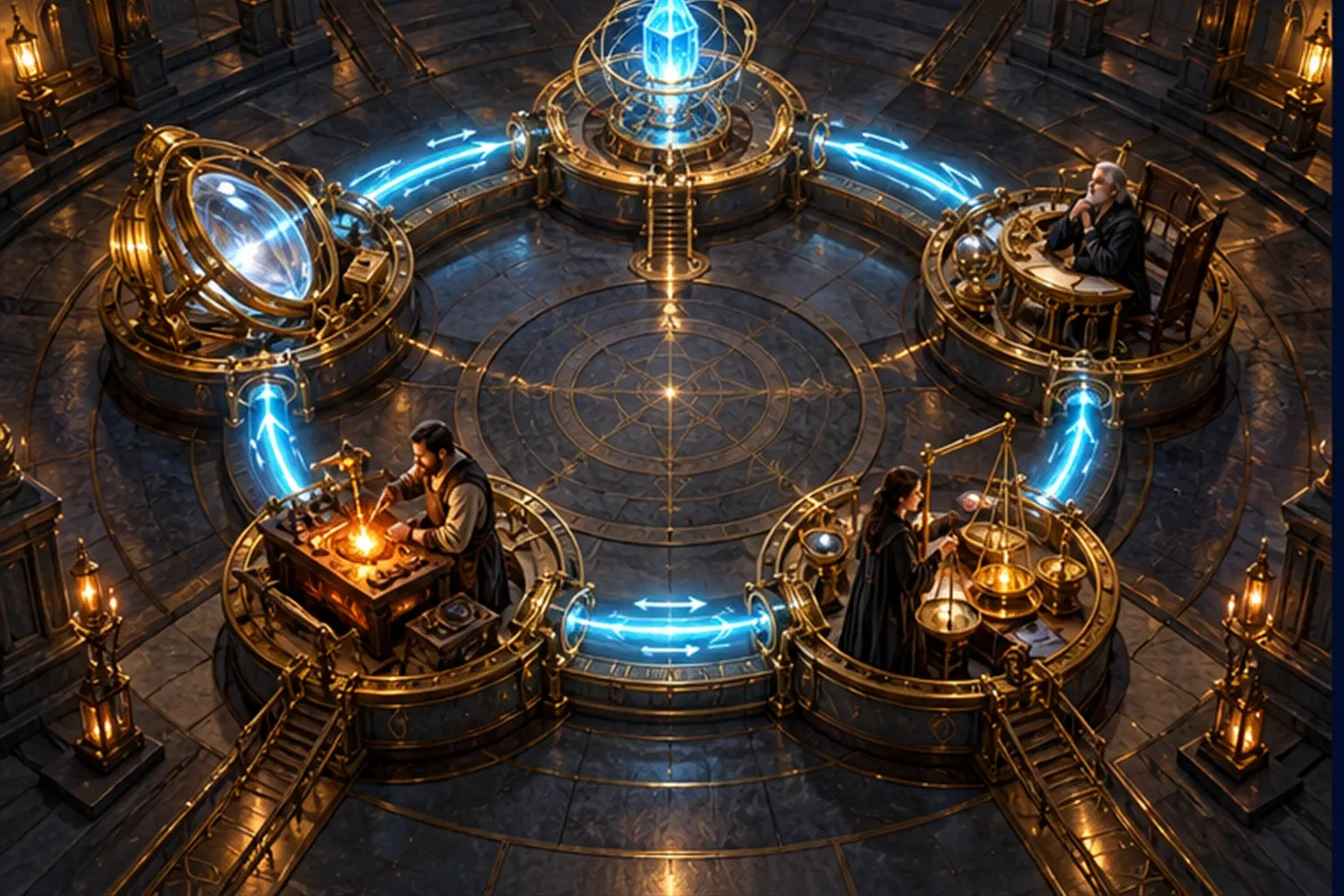 Five stations around a circular conduit, a beacon, lens, seat, forge and balance, with a cyan pulse circulating.