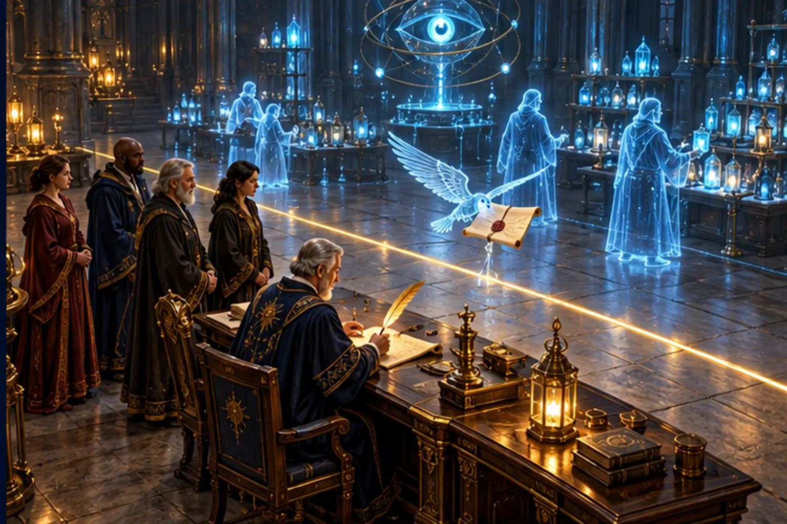 A gold line on a floor: cyan agent sigils work beyond it while a wizard at a decision table signs a scroll they bring.