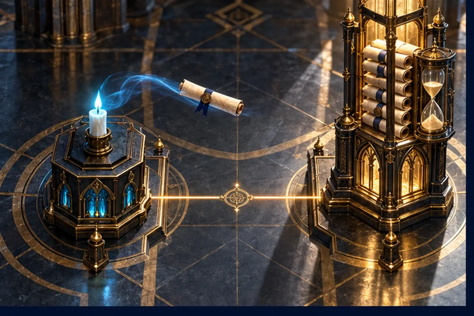 Two pedestals: a short cyan-flame candle burning down beside a sealed scroll, and a tall steady lantern-tower with scrolls and an hourglass.