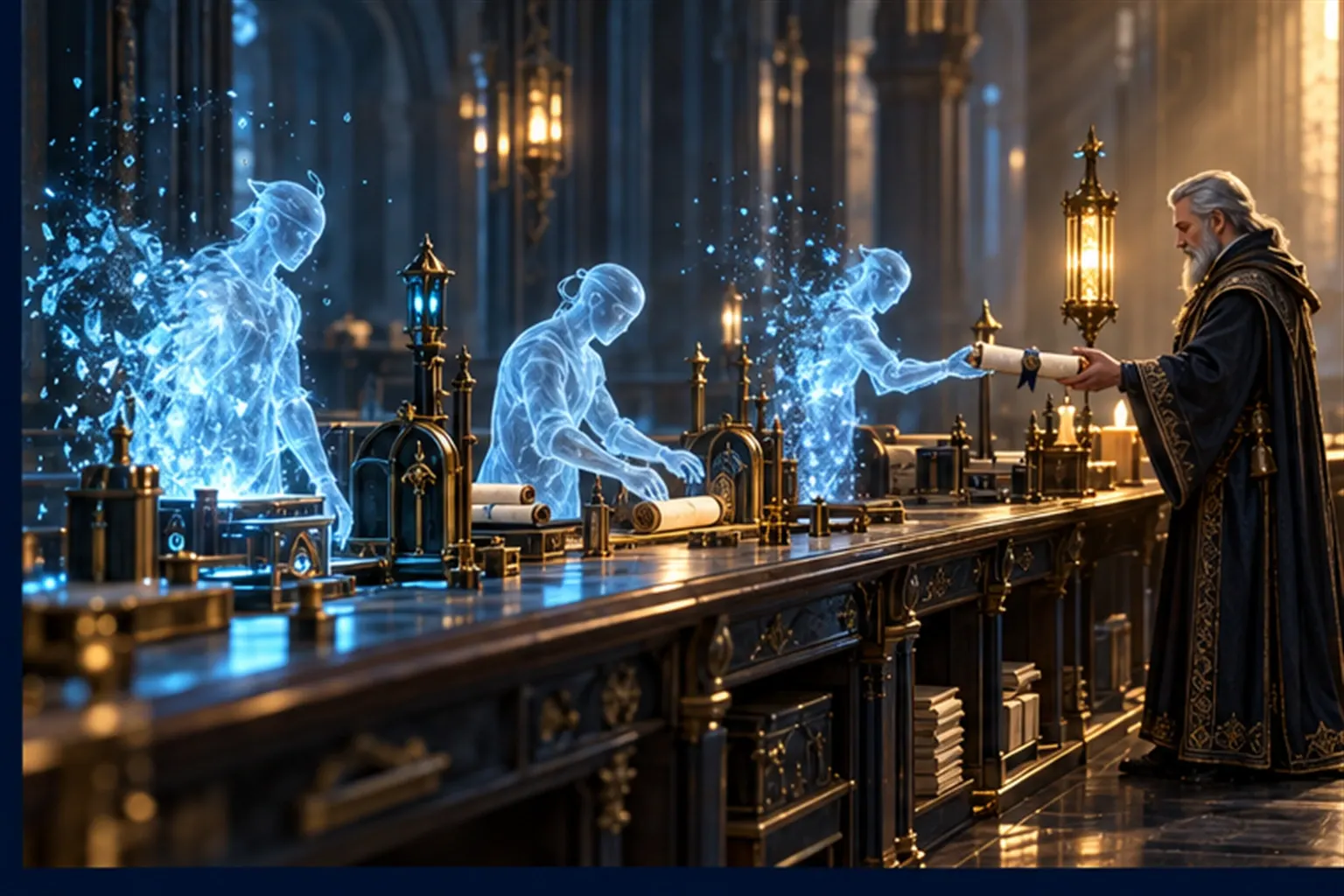 Along a workbench, a cyan agent forms from a spark, works, then hands a parcel to a wizard and dissolves into motes.