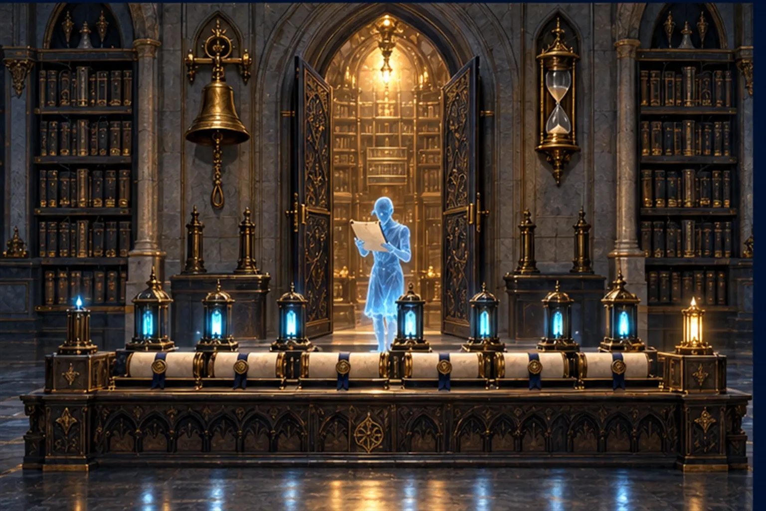 A stone vault of ledgers and lanterns with a wall bell, a small cyan agent stepping out and back, leaving a new lantern lit.