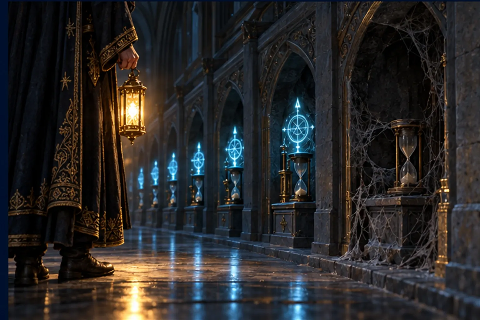A corridor of alcoves holding lit cyan guardian sigils, one dark and cobwebbed, with a wizard stopping before it with a lantern.