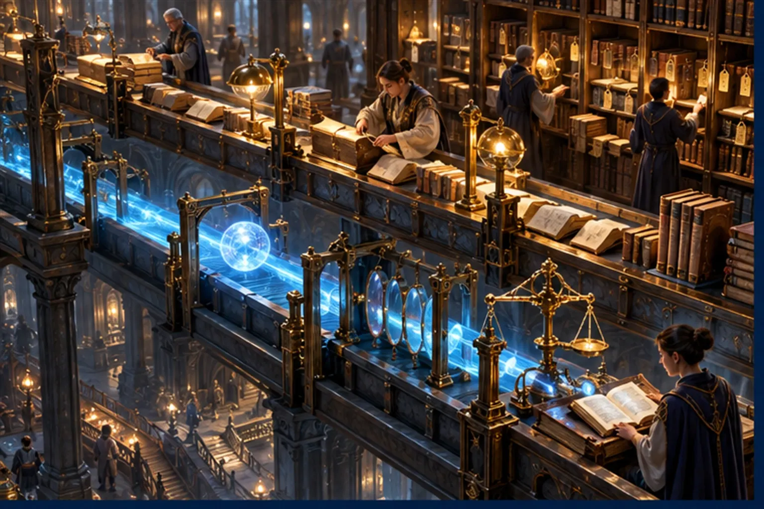 Two parallel conduits: books being cut, tagged and shelved above, and a glowing orb passing a gate, lenses and a balance below.