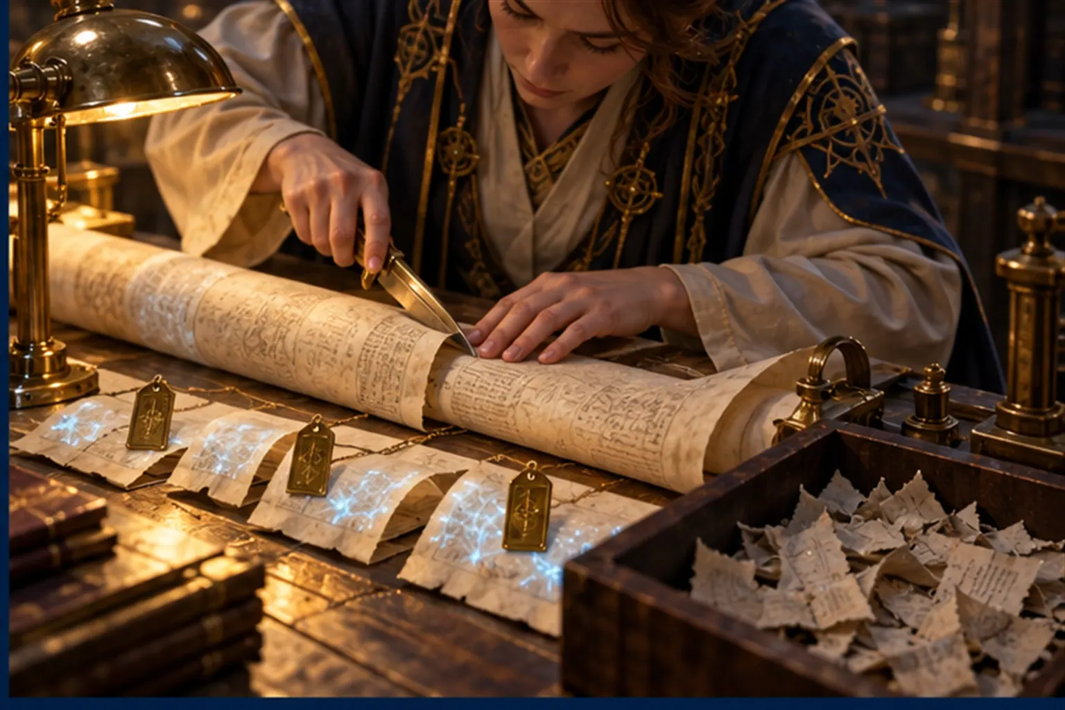 A bookbinder slices a scroll along its section folds, each piece keeping a brass heading tag, while chopped orphan fragments sit in a bin.