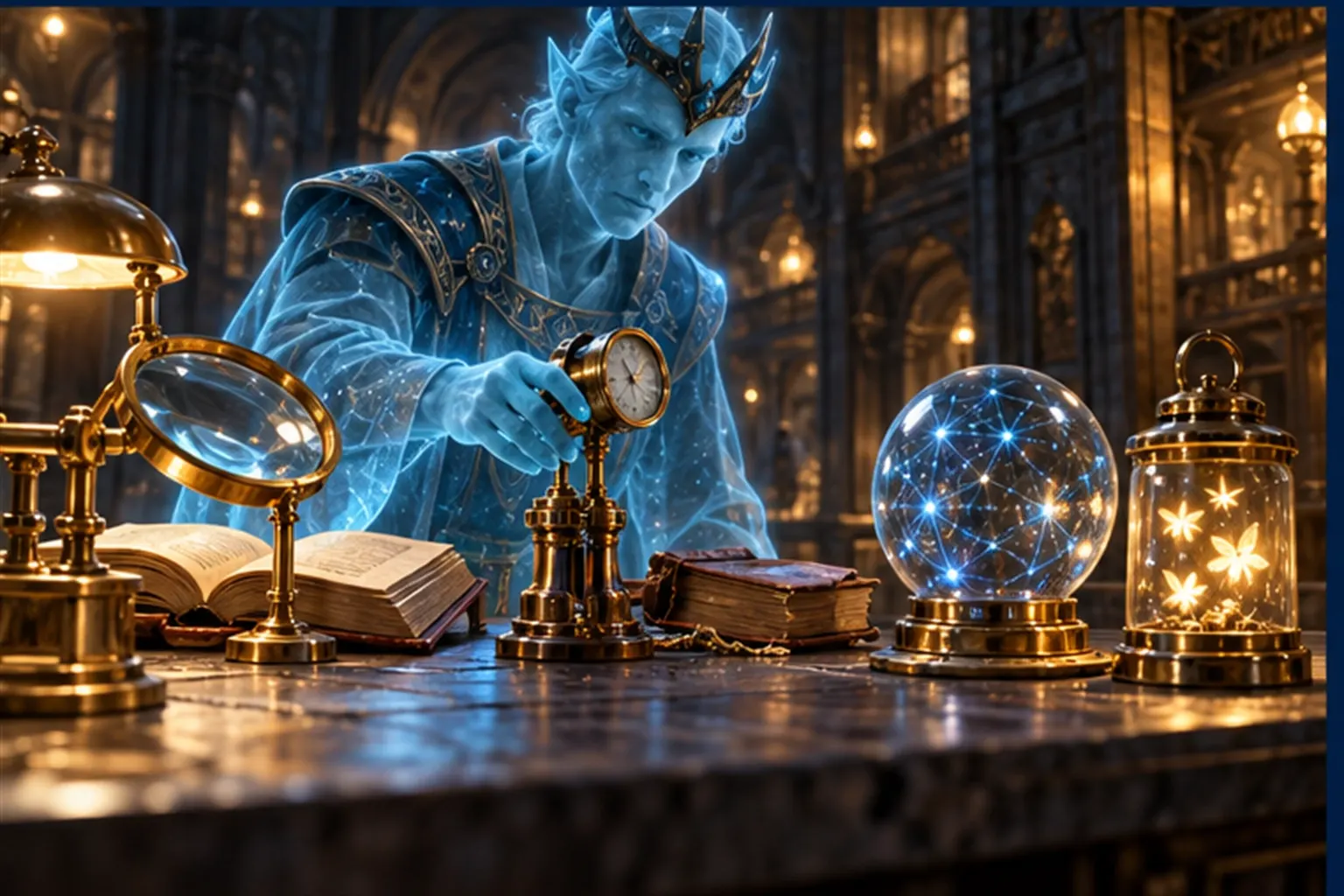 A cyan horned-crown figure picks a brass gauge from a workbench of five instruments, including a lens, a book and a glass web.