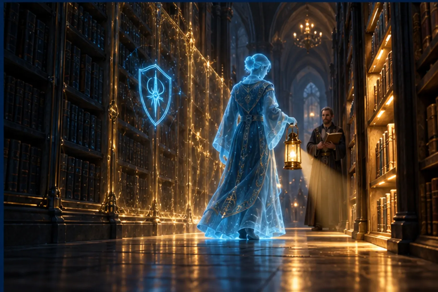 A cyan librarian's lantern lights only some shelves while others stay dark behind a gold veil under a shield sigil, a wizard waiting.
