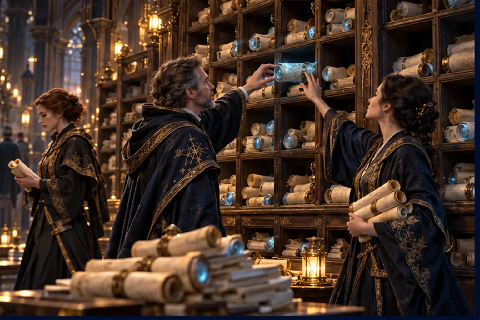 Two wizards reach for the same scroll at a pigeonhole wall as a third walks past, with overflowing cubbies and a stack of unread scrolls.